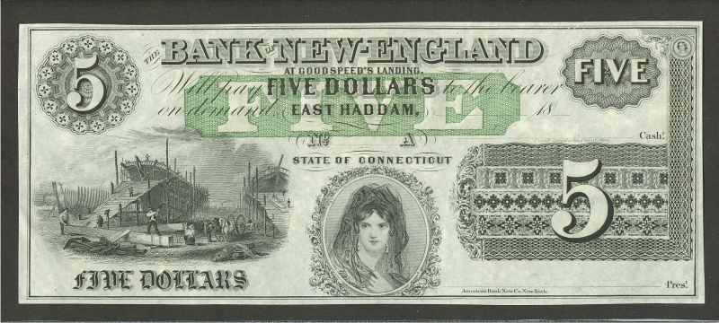 East Haddam, CT, $5 Bank of New England, vChCU, PMG-64